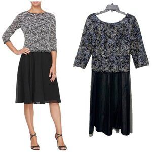 ALEX EVENINGS Faux Two-Piece Cocktel Midi Dress in Black Blue Size 8